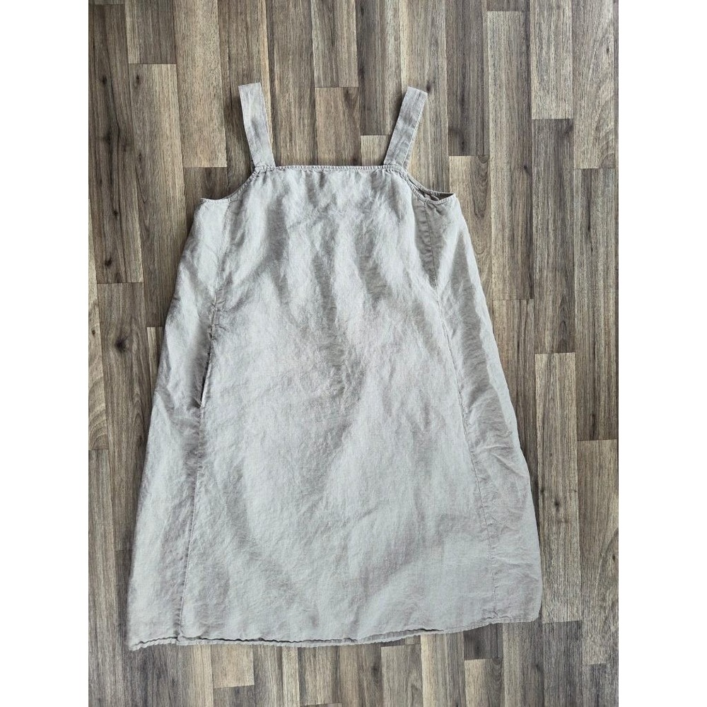 Eileen Fisher 100% Organic Linen Dress M Smocked Lagenlook Boho Sleeveless Beige